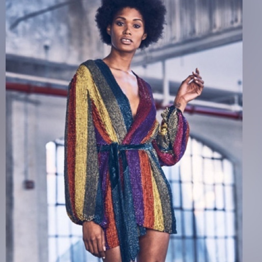 NWT RETROFETE GABRIELLE SEQUIN ROBE DRESS MULTI STRIPE SIZE MEDIUM - Picture 4 of 9